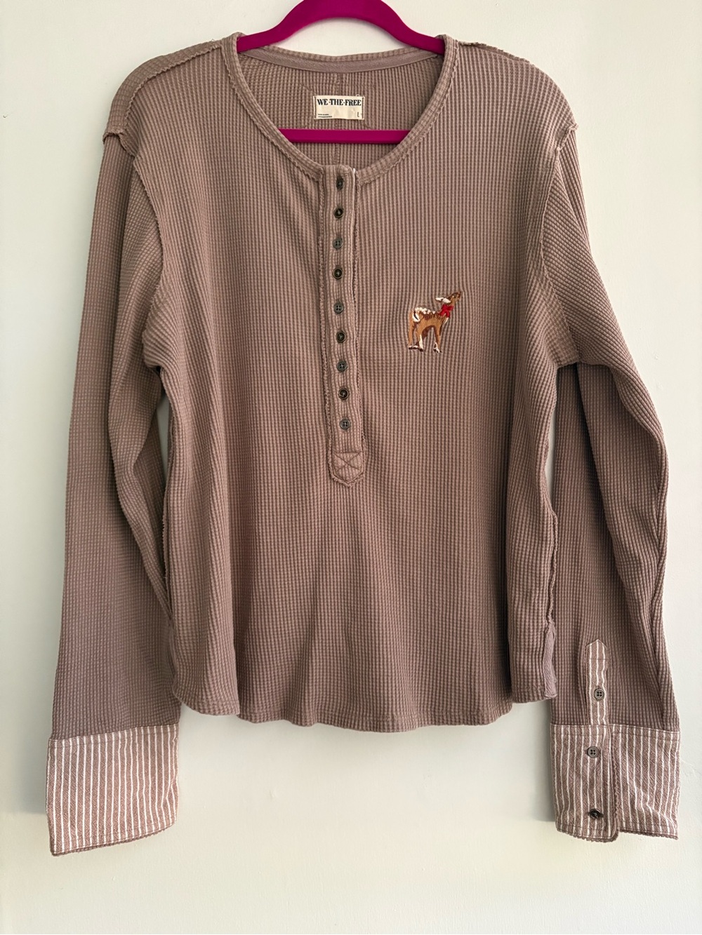 We The Free Fly High Henley waffle knit with embroidered deer, cuff stripes 🔥